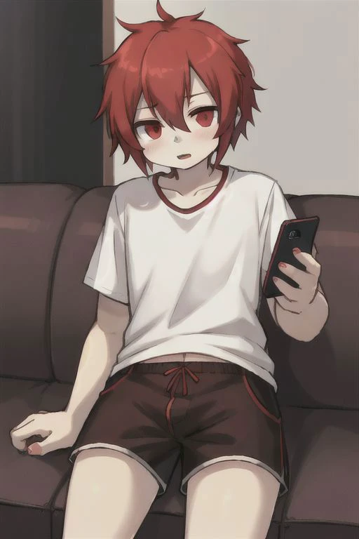 red hair, red eyes, human boy, wearing a shirt and shorts,sitting on couch,holding phonebeing hypnotizedempty gazemouth open