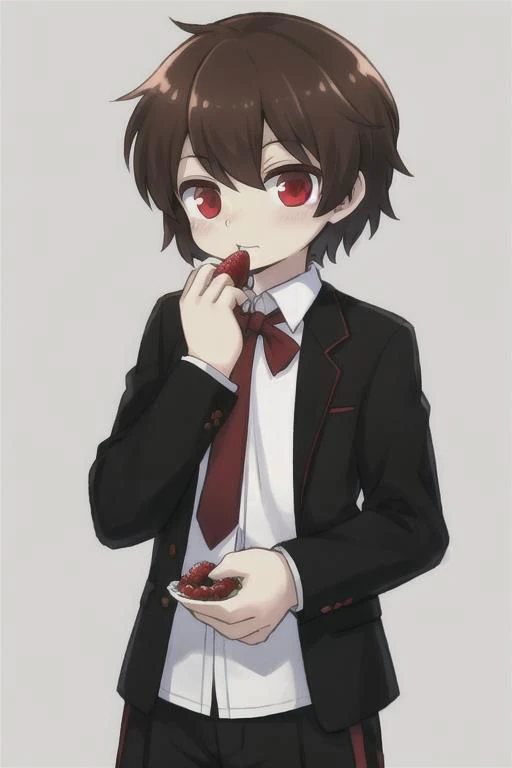 brown hair, red eyes, a human boy, wearing a school uniform, eating berries