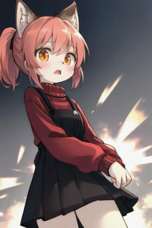 coral color ponytail, orange eyes, human girl, wearing sweater and dress, shocking face, brown wolf ears