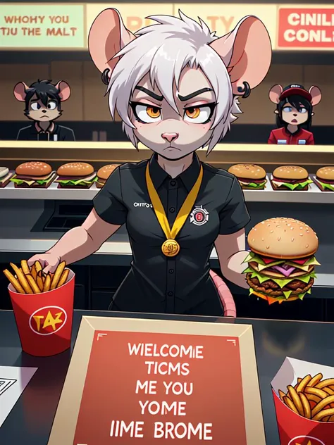 dynamic_angle, line_of_action,
1girl, rat_girl, tired_eyes, undercut_hair, piercings, annoyed_frown, fast_food_employee_behind_counter,
"Welcome to Burger Maze. How can I make your today taste a-MAZE-ing?" (Subtext: Please kill me. This is no dignified lif...