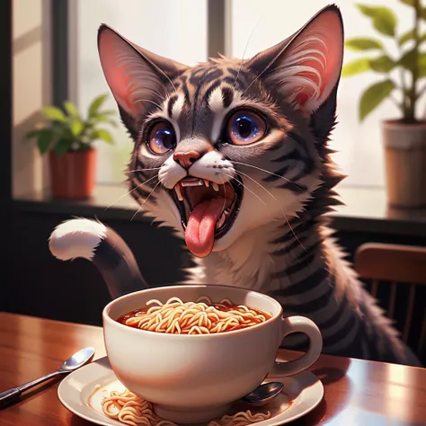 cat, cup, noodles, open_mouth, photorealistic, realistic, tongue