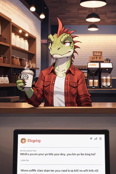 dynamic_angle, line_of_action,
1girl, Iguana_Girl, lithe, tired_eyes, piercings, flannel_shirt, annoyed_frown, coffee_shop_employee_behind_counter,
"Welcome to Bean There. What can I get started for you?" (Subtext: Please kill me. This is no dignified life...