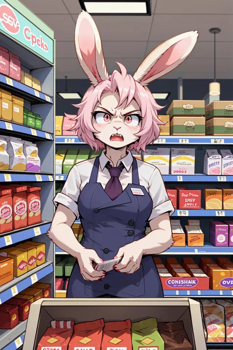 1girl, rabbit_girl, bunny_ears, angry, convenience_store_clerk, irate_scowl,