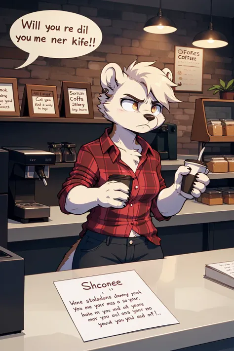 dynamic_angle, line_of_action,
1girl, otter_girl, lithe, tired_eyes, piercings, flannel_shirt, annoyed_frown, coffee_shop_employee_behind_counter,
"Welcome to Bean There. What can I get started for you?" (Subtext: Please kill me. This is no dignified life....