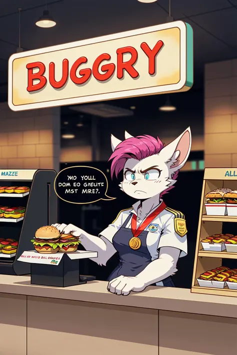 dynamic_angle, line_of_action,
1girl, vole_girl, tired_eyes, undercut_hair, piercings, annoyed_frown, fast_food_employee_behind_counter,
"Welcome to Burger Maze. How can I make your today taste a-MAZE-ing?" (Subtext: Please kill me. This is no dignified li...