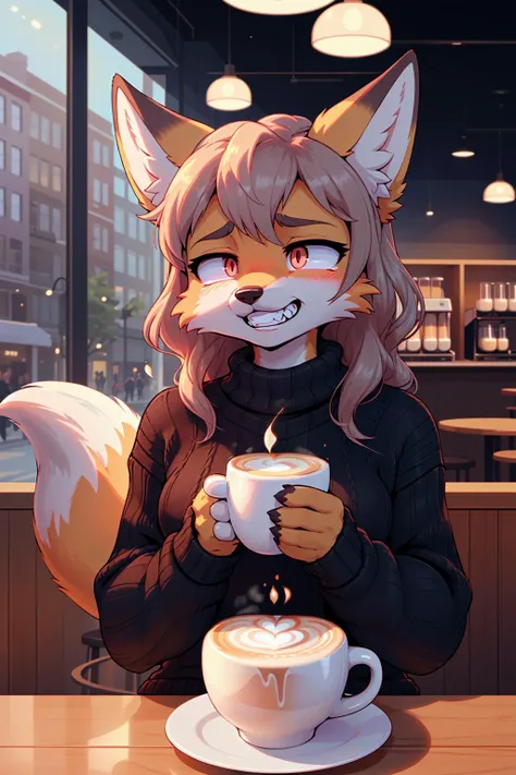 1girl, fox_girl, fixed_grin, gritted teeth, eyes_staring_into_the_middle_distance, sweater, latte, twitching, tired_eyes, holding_back_anger, urge_to_kill_rising,