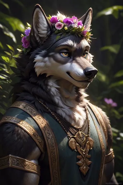 cosmic flowers, flower crown, portrait, male, wolf, black fur, anthro, tunic, illustration, insanely detailed octane rendering trending on artstation, 8k art photography, photorealistic concept