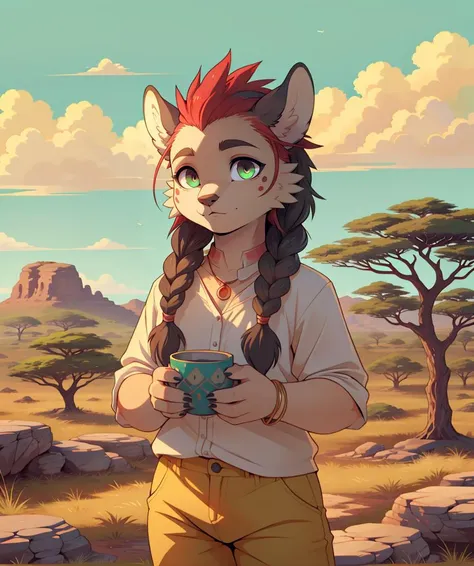 (best quality, masterpiece:1.1), SFW, 1 Girl, (Mauritian:1.2), (green french braid hairstyle), yellow trousers, spinel jewelry, Hauberk accents, glowing pupils, dark grey eyes, peaceful expression, savanna background, flat colors, cel shading, hard shadows...