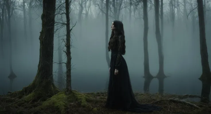 Gothic style,  <lora:Fine art photography style:1>
Juxtaposition of a dark themed woman in a long dress standing in a forest fog lake,Juxtaposition,artistic,photography,dramatic light,dramatic shadow light,contrast,saturated color,cinematic,filmic,photogra...