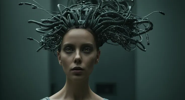 cinematic film still of  <lora:Fine art photography style:1>
Juxtaposition of an alien woman with a head piece made of wires,1girl,looking at viewer,black eyes,lips,crown,portrait,science fiction,realistic,alien,what Juxtaposition,artistic,photography,dram...