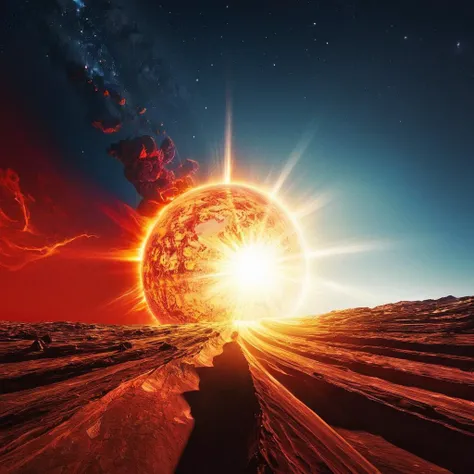 Futurism Art Style,  <lora:Fine art photography style:1>
Juxtaposition of a red planet collision with a bright sun explosion coming out of it,Juxtaposition,artistic,photography,dramatic light,dramatic shadow light,contrast,saturated color,cinematic,filmic,...