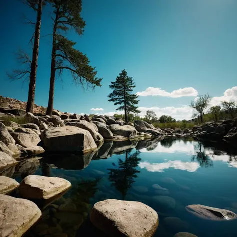 cinematic film still of <lora:Juxtaposition style:1>
Juxtaposition of a pond with rocks and water in it,outdoors,sky,day,cloud,water,tree,blue sky,no humans,nature,scenery,reflection,rock,river Juxtaposition, artistic, photography, dramatic light, dramatic...