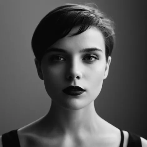 cinematic film still of <lora:Juxtaposition style:1>
Juxtaposition of a woman with a black and white photo of her face,1girl,solo,short hair,simple background,collarbone,monochrome,upper body,greyscale,parted lips,grey background,lips,shadow Juxtaposition,...