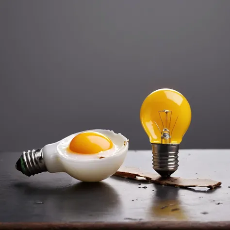 cinematic film still of <lora:Juxtaposition style:1>
Juxtaposition of a broken light bulb sitting on top of a table with yellow egg yolk,simple background,grey background,no humans,bottle,food focus,still life,liquid Juxtaposition, artistic, photography, d...