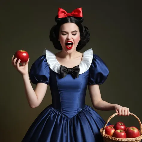 Horror-themed,  <lora:Juxtaposition style:1>
Juxtaposition of a cartoon of a snow white opposite to an old wicked witch,1girl,smile,multiple girls,black hair,dress,bow,holding,2girls,closed eyes,short sleeves,food,tongue,puffy sleeves,tongue out,red bow,pu...