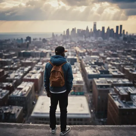 cinematic film still of  <lora:Juxtaposition style:1>
From above, Juxtaposition of a man standing on a ledge looking at a city,solo,1boy,hat,standing,jacket,male focus,outdoors,sky,shoes,pants,cloud,dark skin,hood,bag,from behind,hoodie,bird,black pants,ba...