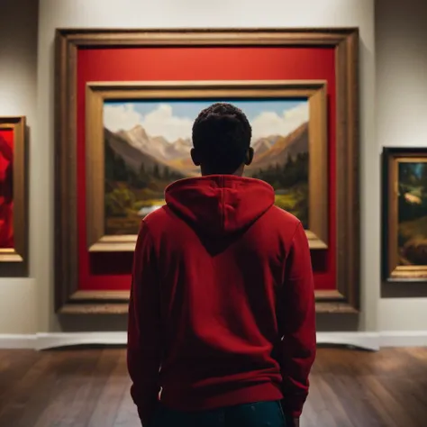 cinematic film still of <lora:Juxtaposition style:1>
Juxtaposition of a man from behind in a red hoodie looking at a painting,solo,shirt,long sleeves,1boy,upper body,male focus,indoors,from behind,suspenders,red shirt,facing away,picture frame,painting (ob...