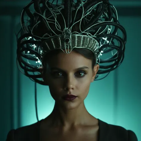 cinematic film still of <lora:Juxtaposition style:1>
Juxtaposition of an alien woman with a head piece made of wires,1girl,looking at viewer,black eyes,lips,crown,portrait,science fiction,realistic,alien,what Juxtaposition, artistic, photography, dramatic ...