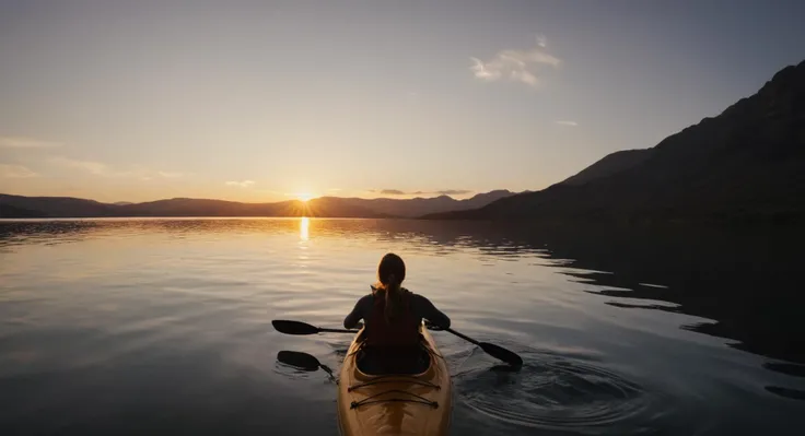 cinematic film still of  <lora:Juxtaposition style:1>
Juxtaposition of a person in a kayak in a lake,1girl,solo,outdoors,wings,sky,cloud,water,from behind,cloudy sky,scenery,sunset,mountain,lake,cirno Juxtaposition, artistic, photography, dramatic light, d...