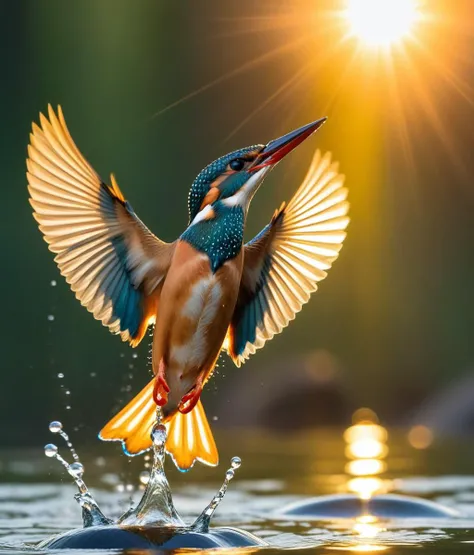 shot with Telephoto lens, Low Angle, Extreme Close-Up, a kingfisher dives into the water, many water drops, light beam, sun rise, create a narrow focused beam of light for more precise lighting control, Fine art photography style,  <lora:Fine art photograp...