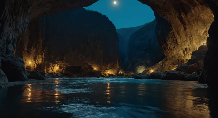 cinematic film still of  <lora:Juxtaposition style:1>
Juxtaposition of a painting of a river in the middle of a cave,outdoors,sky,water,no humans,night,moon,star (sky),night sky,scenery,full moon,rock Juxtaposition, artistic, photography, dramatic light, d...