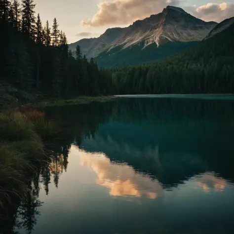 cinematic film still of  <lora:Juxtaposition style:1>
Juxtaposition of a mountain with a lake and a forest,outdoors,sky,cloud,water,tree,no humans,grass,nature,scenery,forest,reflection,sunset,mountain,river,landscape,lake Juxtaposition, artistic, photogra...