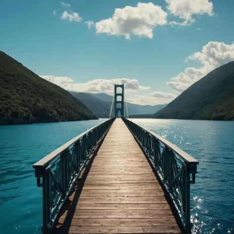 cinematic film still of <lora:Juxtaposition style:1>
Juxtaposition of a large bridge spanning the width of a body of blue water,outdoors,sky,day,cloud,water,blue sky,no humans,ocean,scenery,mountain,railing,horizon,watercraft,bridge,lake,dock Juxtaposition...