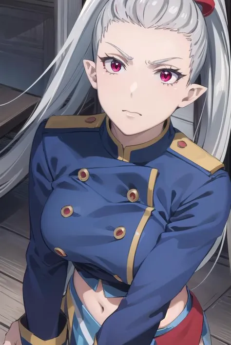 kemonorose, <lora:kemono rose s1-lora-nochekaiser:1>,
rose, long hair, (red eyes:1.3), very long hair, ponytail, grey hair, pointy ears, high ponytail,
BREAK skirt, gloves, navel, midriff, uniform, crop top, military, military uniform, blue jacket, side sl...