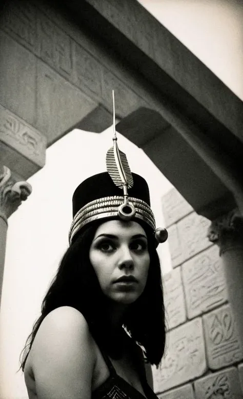 arafed woman in a black and white photo with a feather on her head