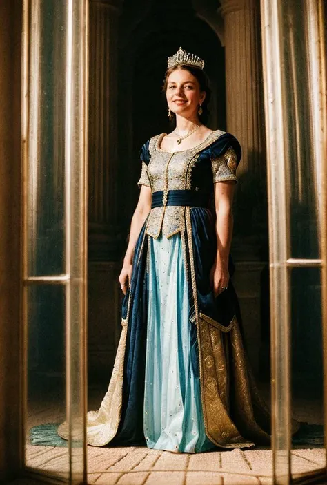 a woman in a blue dress and tiable standing in a doorway