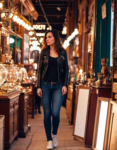 a woman walking down a sidewalk in a store with lots of antiques