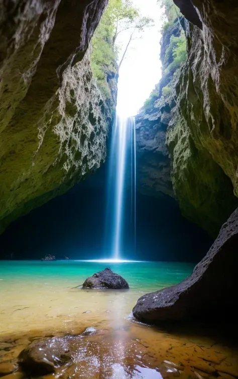 a view of a waterfall coming out of a cave into a body of water