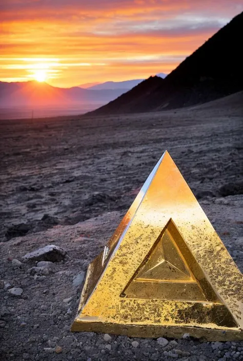 a close up of a pyramid shaped object on a rocky beach