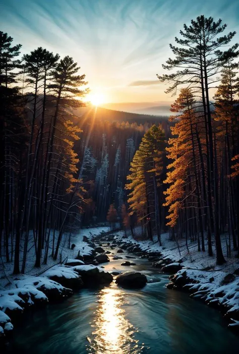 a river runs through a snowy forest with trees and snow