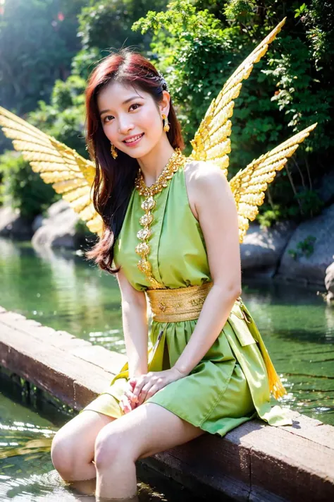 araffe asian woman in green dress sitting on a stone ledge