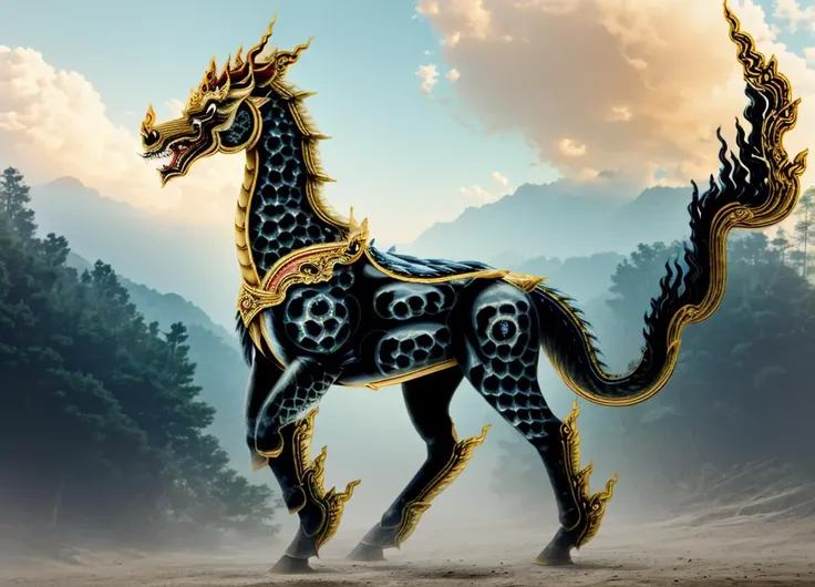 (no humans:2.0), (himmapan style:1.9), linevichit designs, (horse|dragon head:1.32),(horse body 4 legs:1.4), (golden|black body,:1.2), (fish tail:1.4),  (the body is covered with scales:1.2),
 (fish tail: 1.4 ), Draw a picture of a horse in the Himmapan fo...