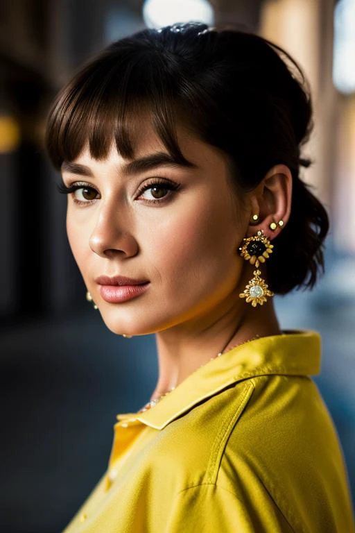 Realistic photo of a beautiful 4udr3yh-v2 woman, 1girl, solo, looking at viewer, short hair, brown hair, brown eyes, jewelry, closed mouth, earrings, lips, makeup, portrait, yellow shirt, realistic, soft lighting, professional Photography, Photorealistic, ...