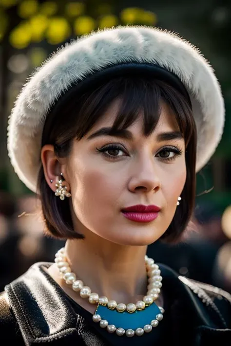 Realistic photo of a beautiful 4udr3yh-v2 woman, 1girl, solo, short hair, black hair, gloves, hat, jewelry, earrings, black gloves, necklace, lips, profile, realistic, fur hat, pearl necklace, soft lighting, professional Photography, Photorealistic, detail...