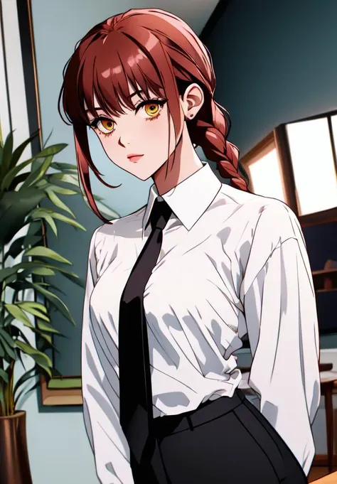 anime image of a woman in a white shirt and black tie