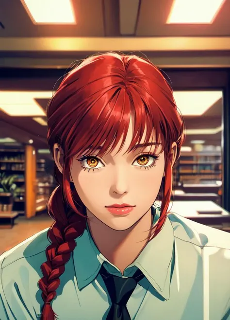 anime girl with red hair and green eyes in library