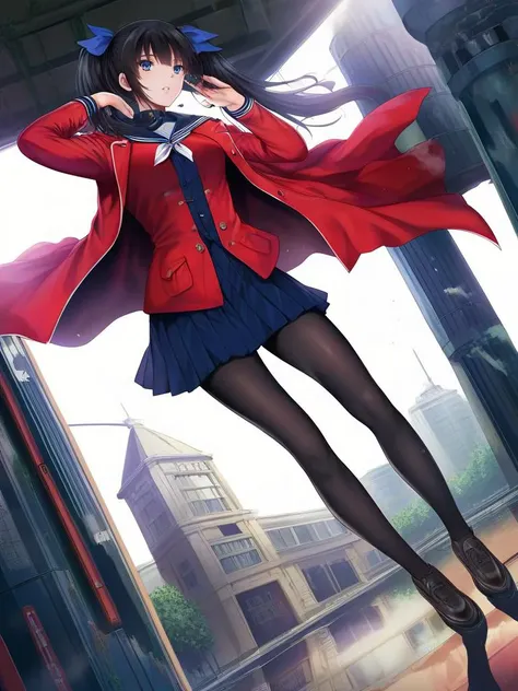 anime girl in a red jacket and blue skirt standing on a platform