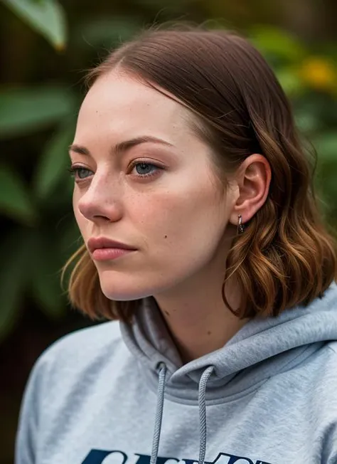 A stunning intricate color close up portrait of (sks woman:1) , wearing Graphic sweatshirt and jogger pants, epic character composition, sharp focus, natural lighting, subsurface scattering, f2, 35mm, film grain, , by Gerda Taro, <lora:lora-small-emma-ston...