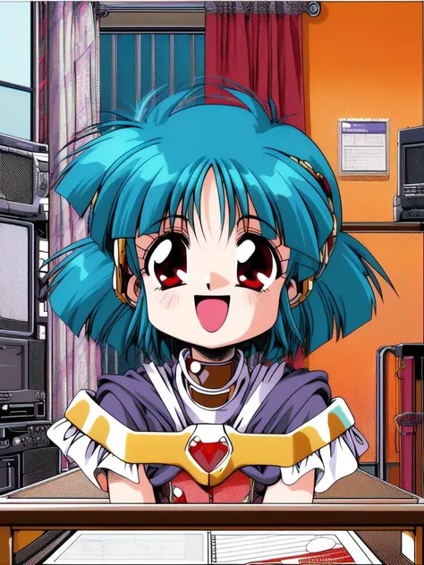 <lora:Sawady:1>, Sawady, 1girl, solo,  red eyes, short hair, window, 1990s (style), blue hair, smile, open mouth, looking at viewer, monitor, desk, aqua hair, computer, curtains, indoors,
 masterpiece, high quality, very_high_resolution, large_filesize, fu...