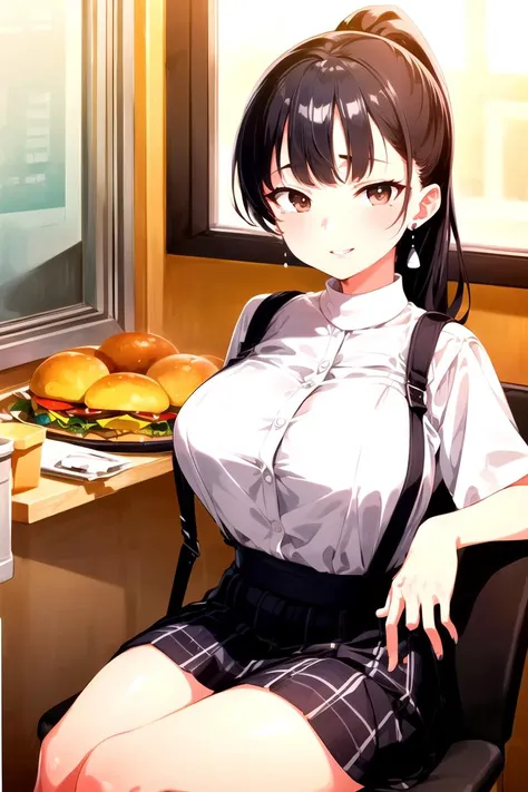 ((day:1.2)),(indoors), (very detailed background),before window, fast food, restaurant, 
sitting,from side, dynamic angle, cowboy shot, 
((black hair)), ((brown eyes)),long hair, bangs, earrings, sidelocks, 
anna_yamada, white turtleneck, ((plaid dress, ch...