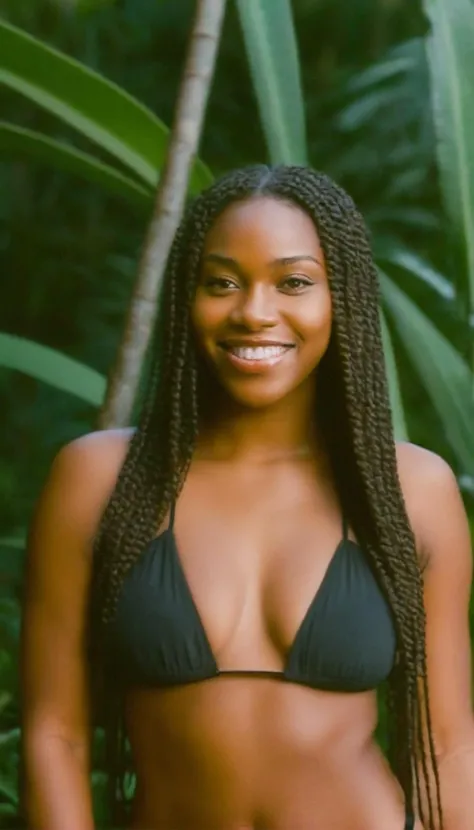 lowfi, analogue style, black woman wearing bikini standing in the jungle at dusk, smile at the camera, long straight hair, <lora:add-detail-xl:2.0> <lora:lowfi:1>