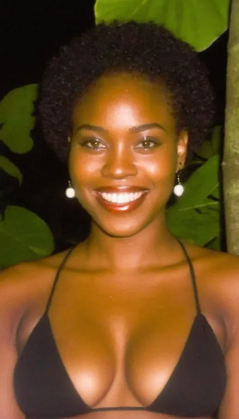 <lora:lowfi:1> lowfi, analogue style, black woman wearing black bikini in the jungle at dusk, smile at the camera