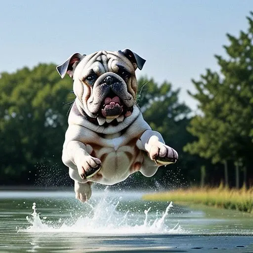 araffe jumping into the water with a tennis ball in its mouth