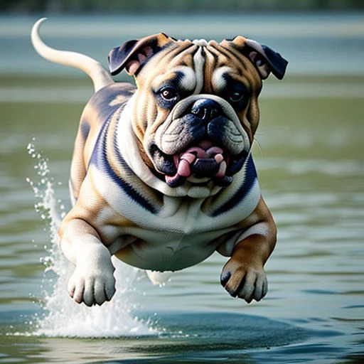 araffe dog jumping out of the water with its tongue out