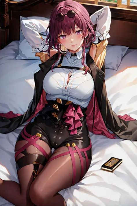 masterpiece, best quality,  <lora:kafka-nvwls-v1-final:0.9> kafka, purple eyes, sunglasses on head, black jacket, collared shirt, black shorts, pantyhose, seiza, bed, arms behind head, smile <lora:shono-kotaro-Style-000080:1>