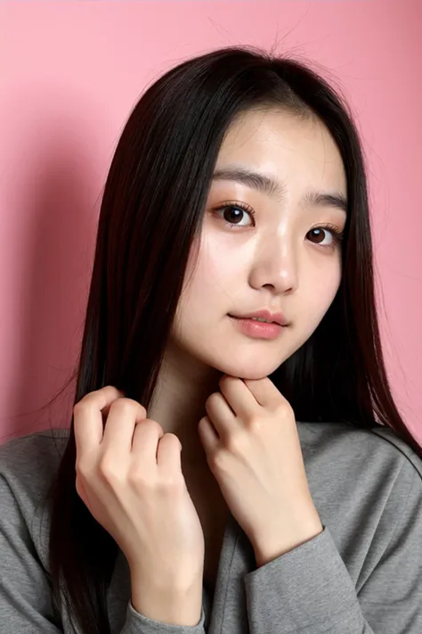 a close up of a woman with long hair and a gray shirt